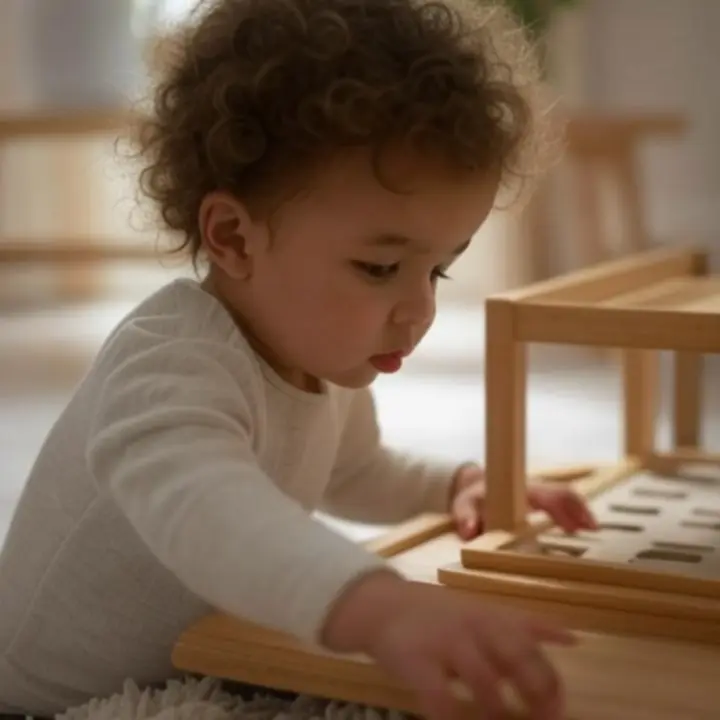Domowa scena zabawy dziecka z zabawkami edukacyjnymi