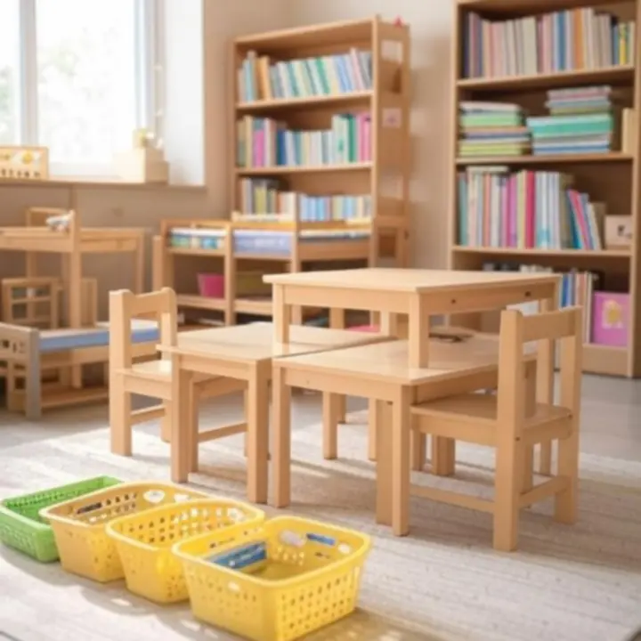 Domowa przestrzeń Montessori z niskimi półkami i starannie ułożonymi pomocami