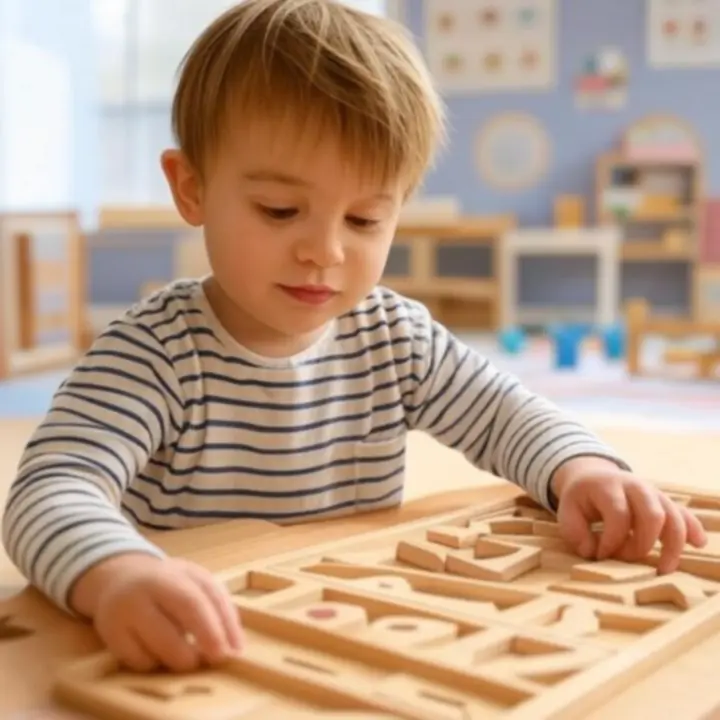 Dziecko korzystające z montessoriańskiego zestawu edukacyjnego w domu