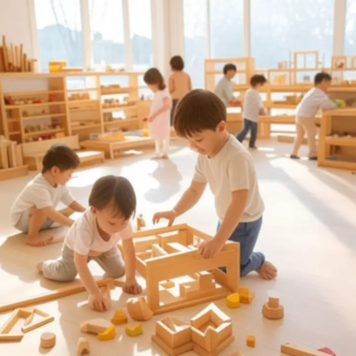 Przytulny pokój dziecięcy z materiałami Montessori ułożonymi na niskich półkach