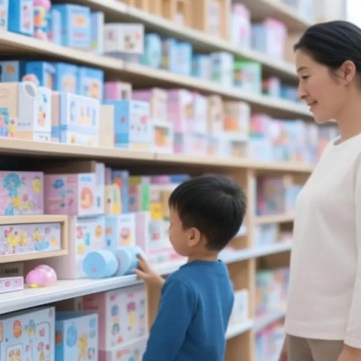 Starannie wyeksponowana kolekcja zabawek na półkach