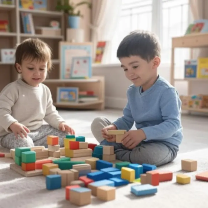 Dziecko bawiące się pastelowymi zabawkami edukacyjnymi na miękkim dywanie